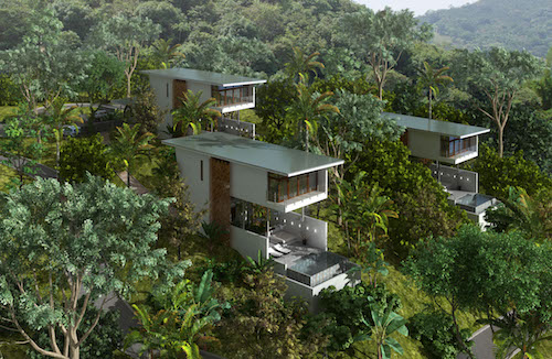 The 3 Bamboo Villas on the hillside overlooking Tulemar and the Pacific